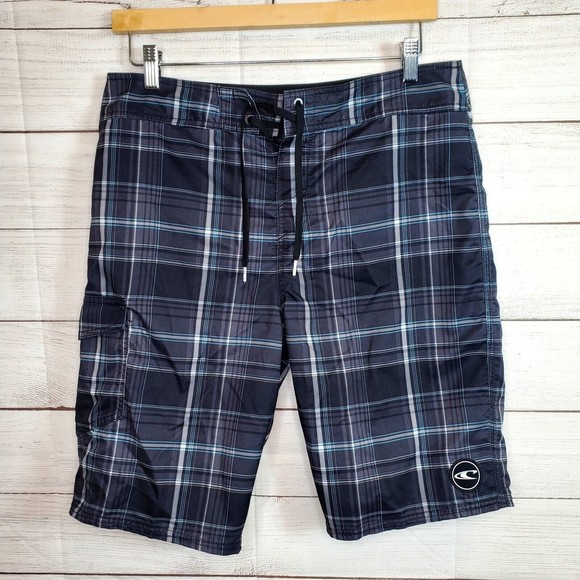 O'Neill Swim Trunks Mens 32 Black Board Shorts Surfing Beach Plaid Casual Adults - Picture 1 of 9